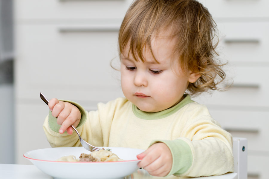 Criança pequena comendo na tigela com garfo, usando o eixo cérebro-coração