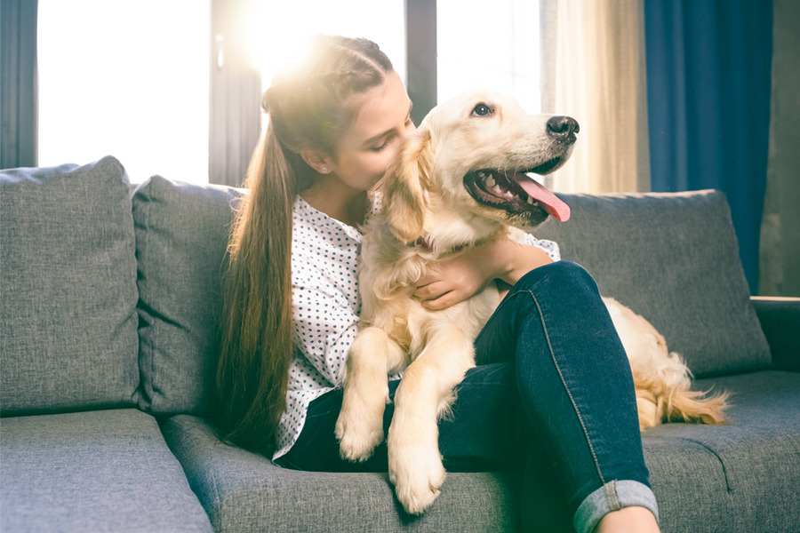 Tutora abraçando seu pet em um sofá para representar as coisas que ele pode fazer pela saúde emocional dela.
