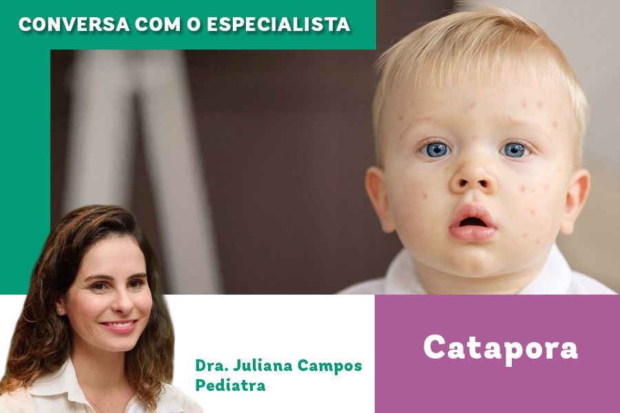 Imagem capa da editoria palavra com o especialista. No canto inferior, foto da pediatra Juliana Campos e, ao centro, imagem de menino com catapora.